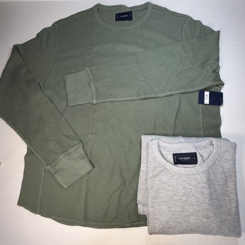 Lot 2 Lucky Brand Thermo Long Sleeve ribbed Shirts Mens XL Gray Blue 1 NEW W Tag